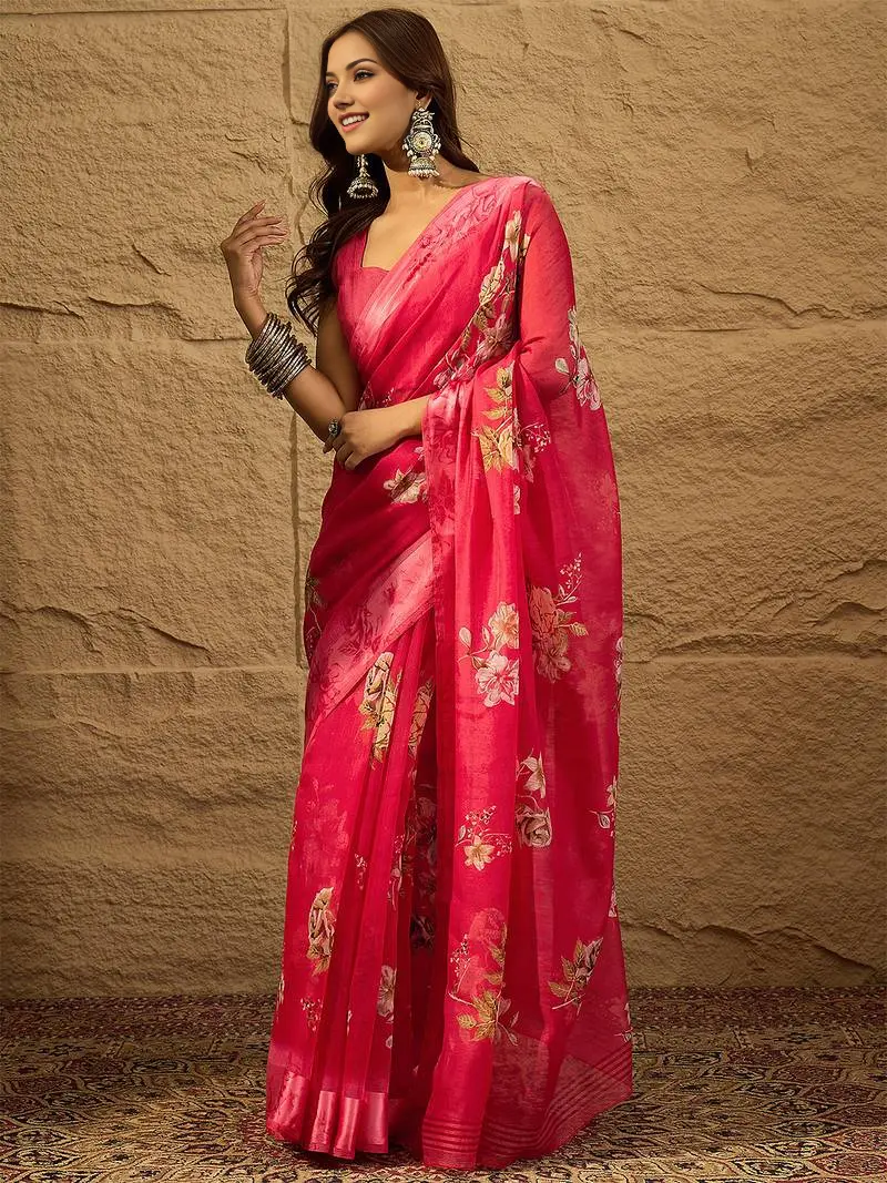 Sari en soie artificielle imprimée rouge Sari Indien