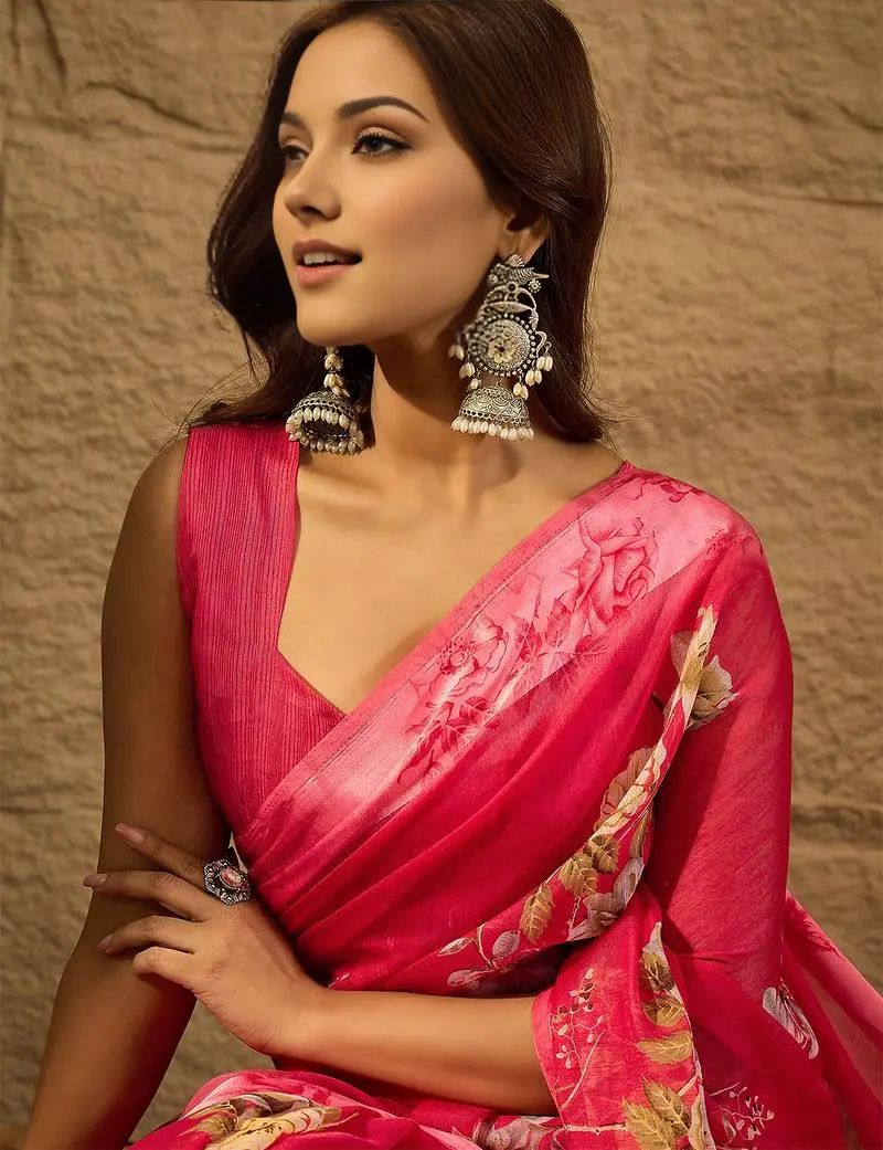 Sari en soie artificielle imprimée rouge Sari Indien