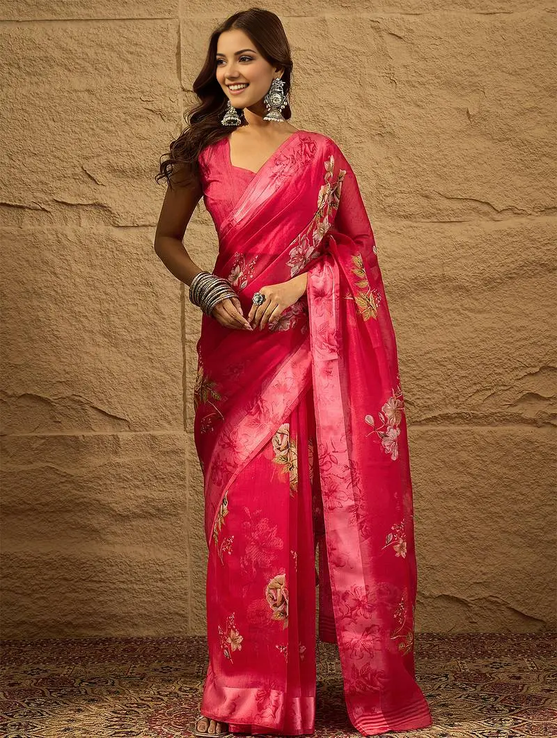 Sari en soie artificielle imprimée rouge Sari Indien