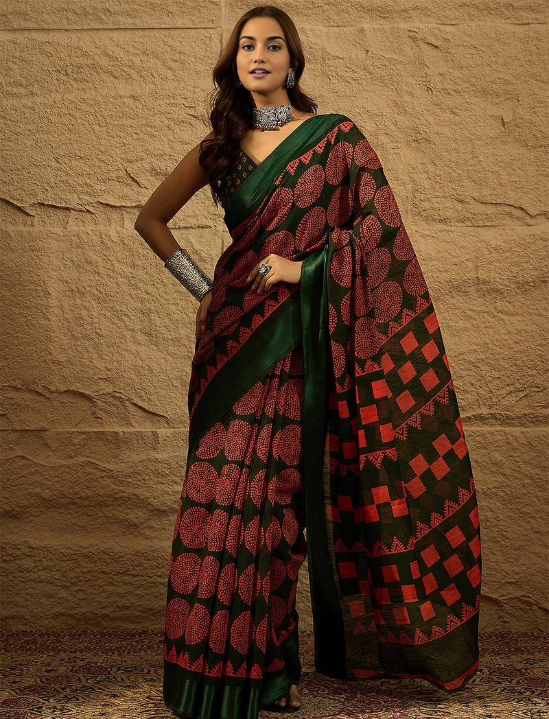 Sari vert imprimé en soie artificielle Sari Indien