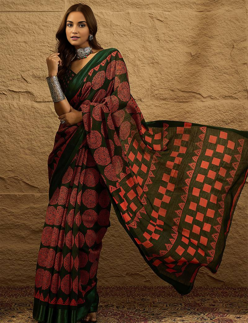 Sari vert imprimé en soie artificielle Sari Indien