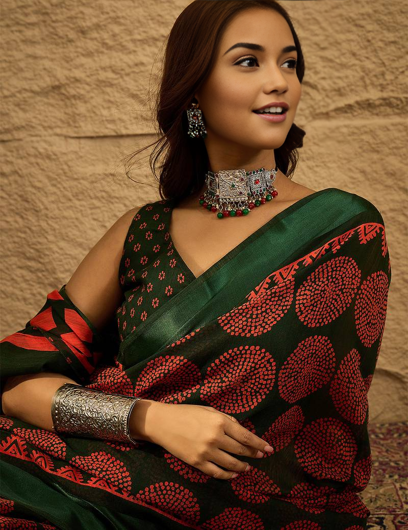 Sari vert imprimé en soie artificielle Sari Indien