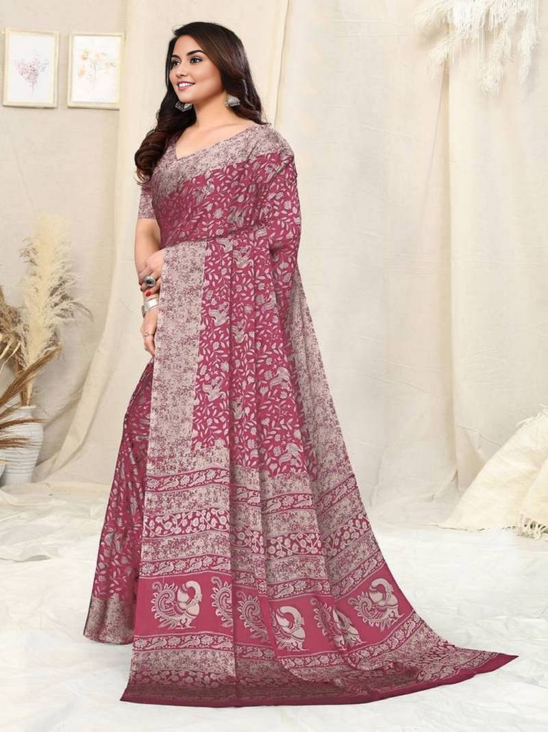 Sari magenta en chiffon tissé avec broderies en fil zari Sari Indien