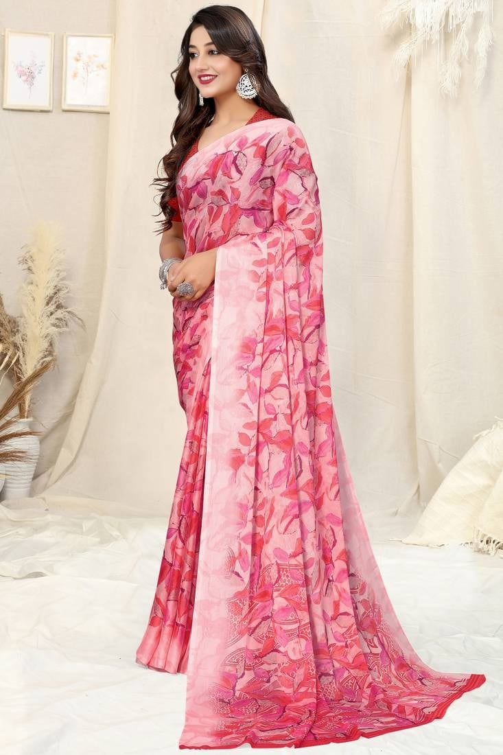 Sari rose en chiffon à imprimé floral Sari Indien