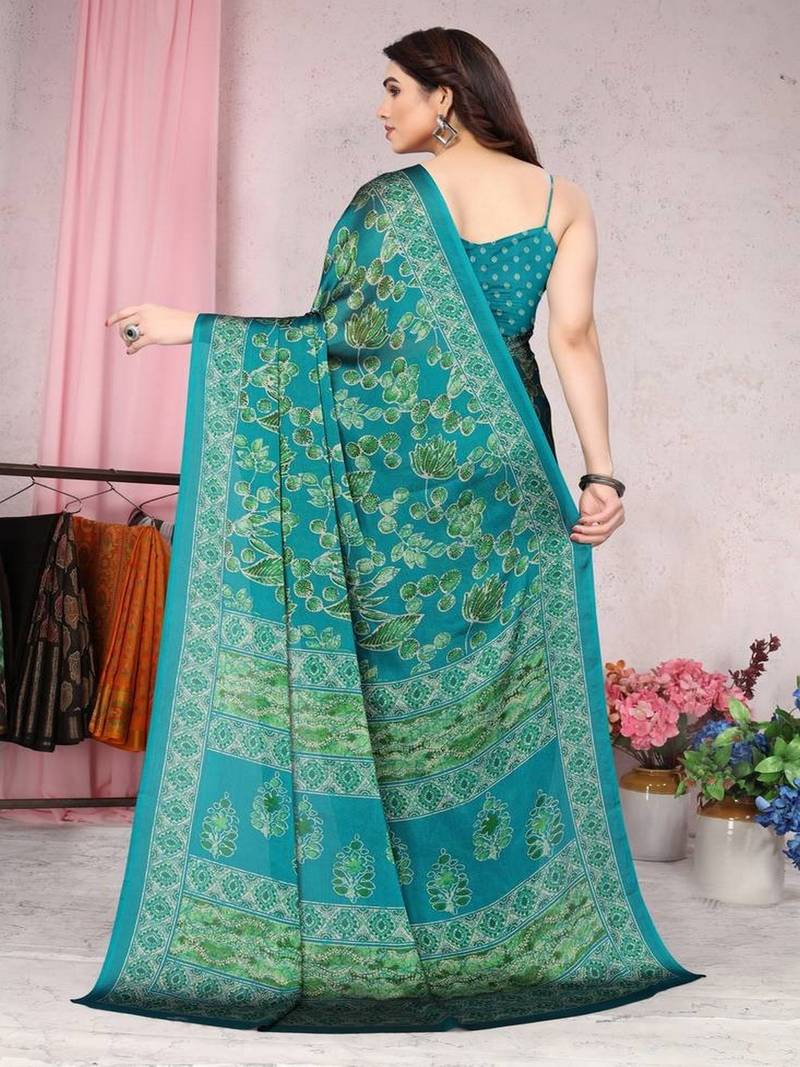 Sari vert en chiffon à imprimé floral Sari Indien