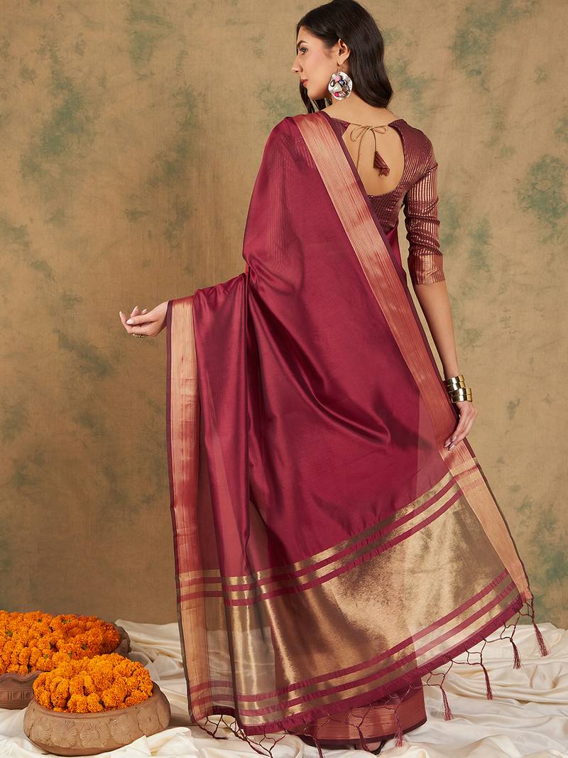 Sari bordeaux en soie-coton mélangé avec tissage en tissu organza Sari Indien