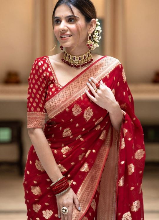 Sari en soie Banarasi mélangé tissage jacquard Sari Indien