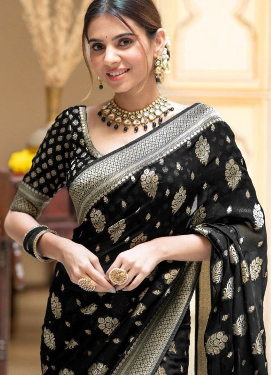 Sari en soie Banarasi mélangé tissage jacquard Sari Indien