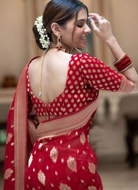 Sari en soie Banarasi mélangé tissage jacquard Sari Indien