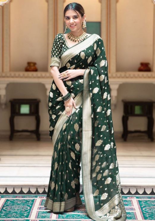 Sari en soie Banarasi mélangé tissage jacquard Sari Indien