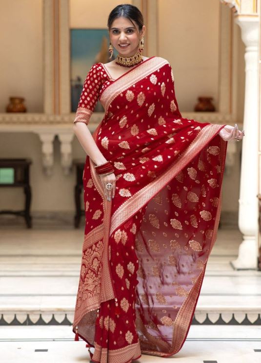 Sari en soie Banarasi mélangé tissage jacquard Sari Indien