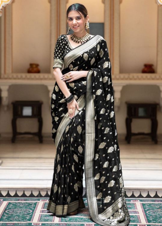 Sari en soie Banarasi mélangé tissage jacquard Sari Indien