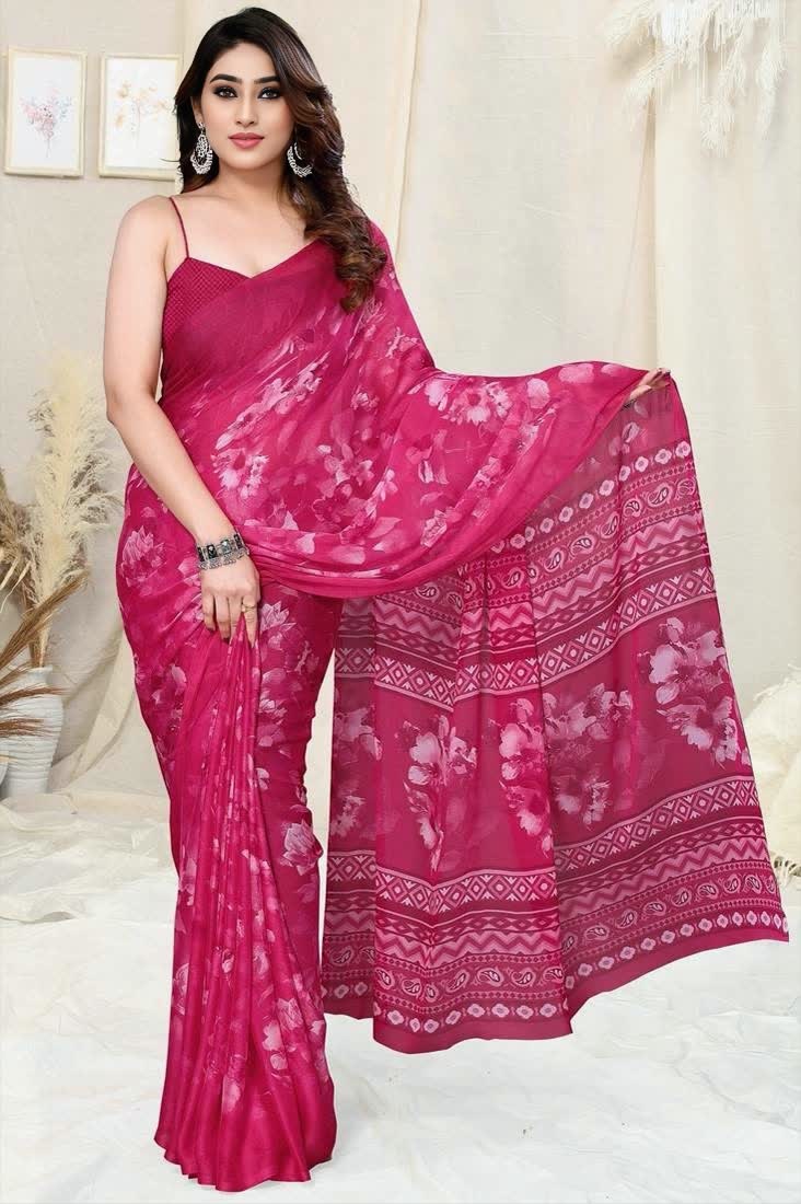 Sari rose en chiffon à imprimé floral Sari Indien