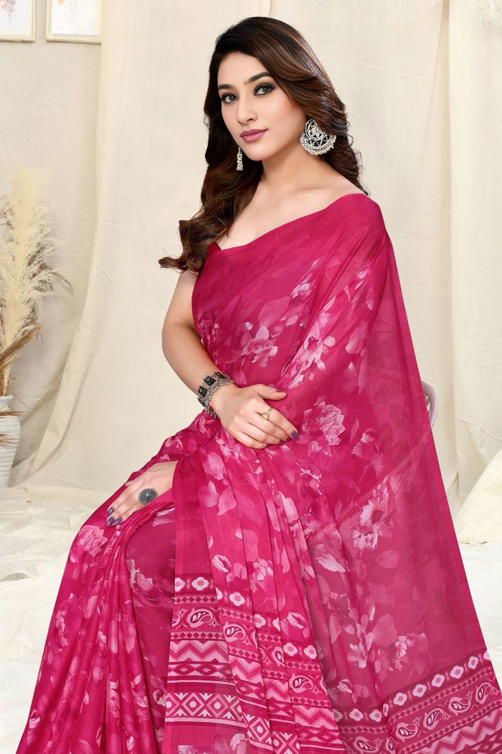 Sari rose en chiffon à imprimé floral Sari Indien