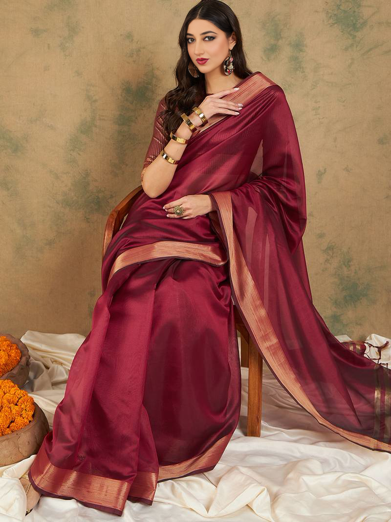 Sari bordeaux en soie-coton mélangé avec tissage en tissu organza Sari Indien