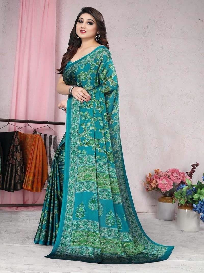 Sari vert en chiffon à imprimé floral Sari Indien