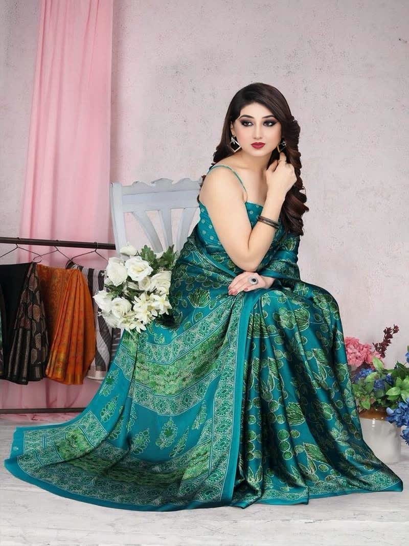 Sari vert en chiffon à imprimé floral Sari Indien