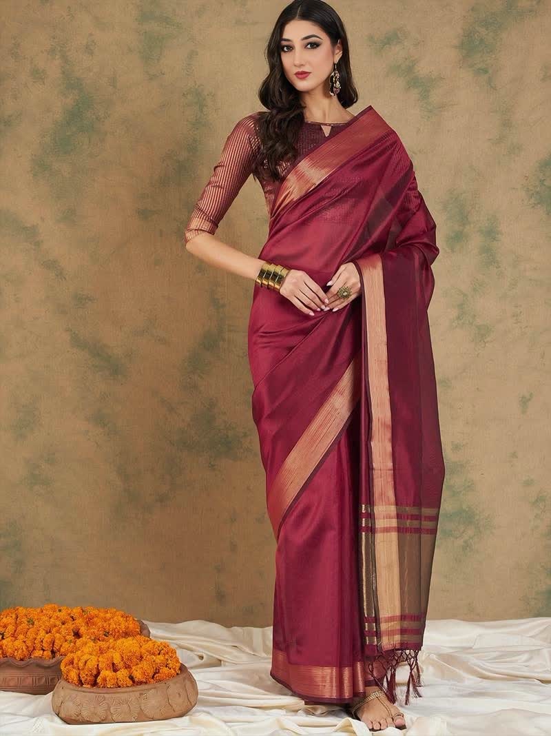 Sari bordeaux en soie-coton mélangé avec tissage en tissu organza Sari Indien