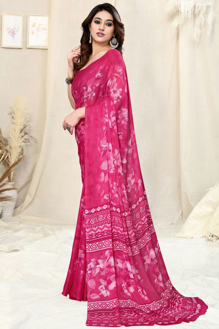 Sari rose en chiffon à imprimé floral Sari Indien
