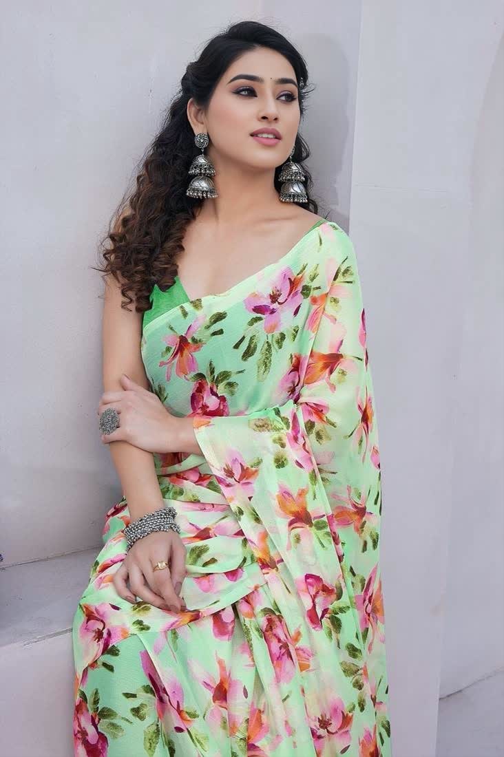 Sari vert pistache en chiffon à imprimé floral Sari Indien