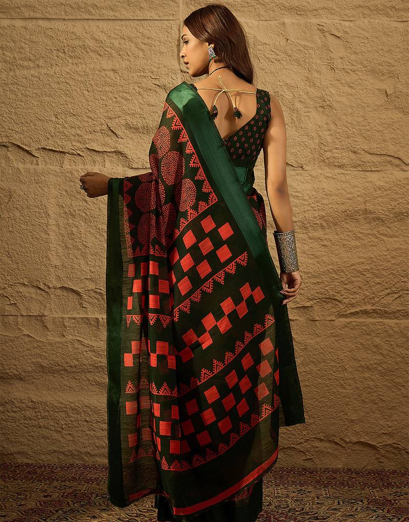 Sari vert imprimé en soie artificielle Sari Indien