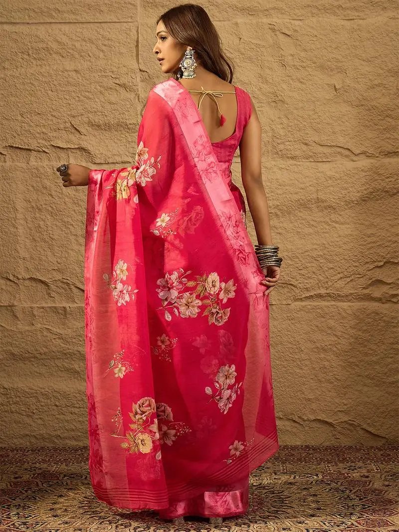 Sari en soie artificielle imprimée rouge Sari Indien