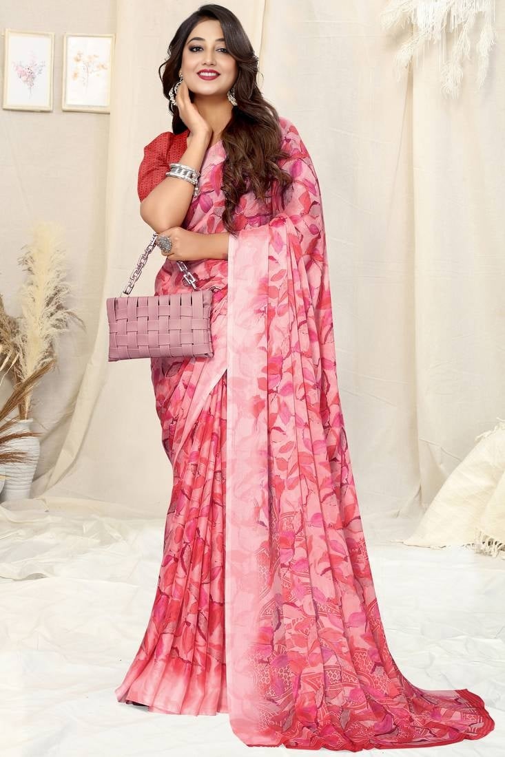 Sari rose en chiffon à imprimé floral Sari Indien