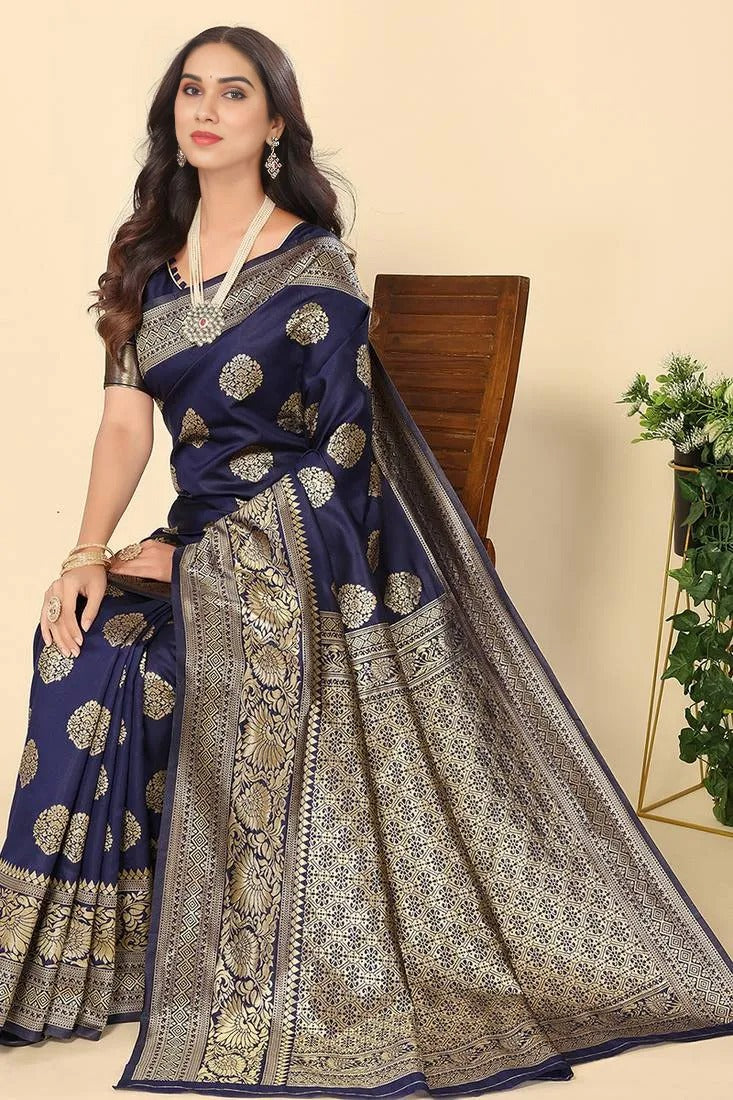 Sari en mélange de soie Banarasi, tissé en jacquard avec des motifs zari dorés Sari Indien