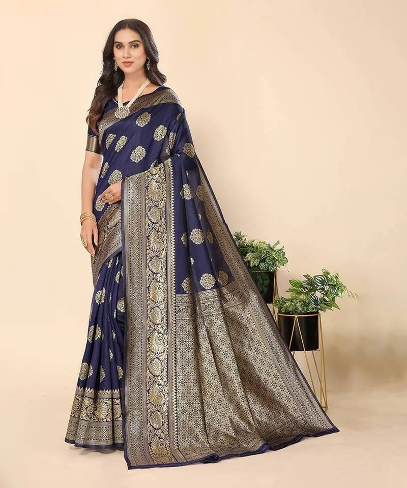Sari en mélange de soie Banarasi, tissé en jacquard avec des motifs zari dorés Sari Indien