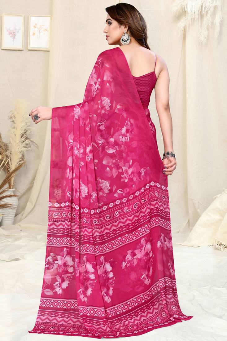 Sari rose en chiffon à imprimé floral Sari Indien