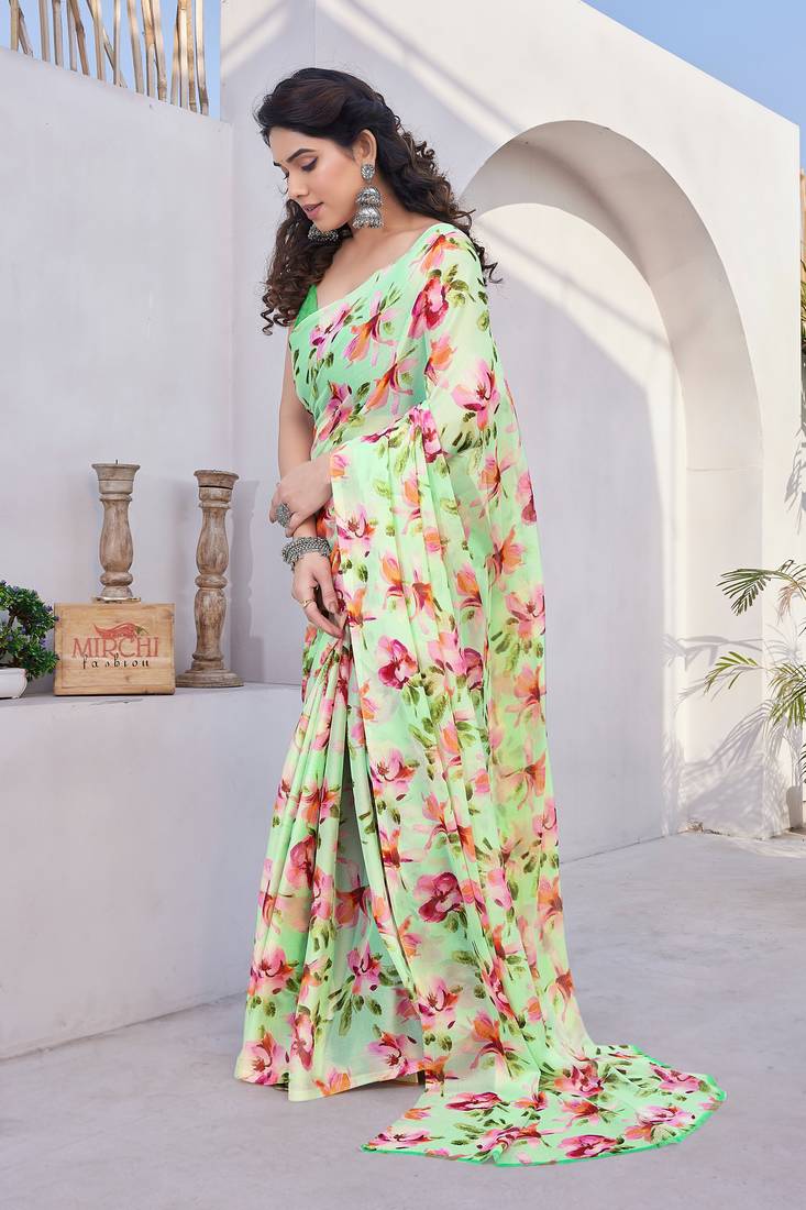 Sari vert pistache en chiffon à imprimé floral Sari Indien