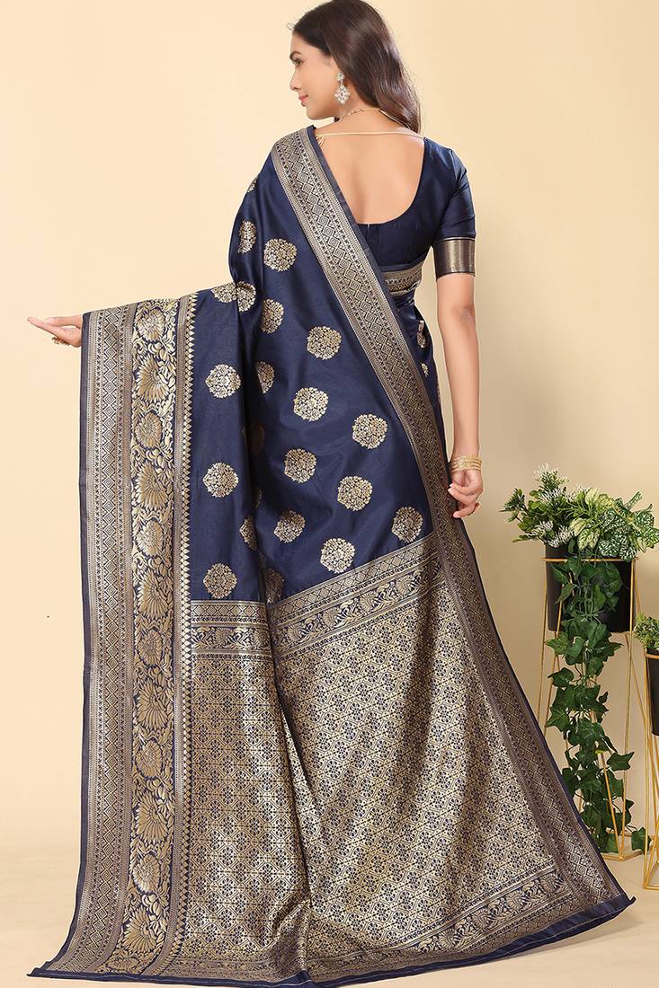 Sari en mélange de soie Banarasi, tissé en jacquard avec des motifs zari dorés Sari Indien